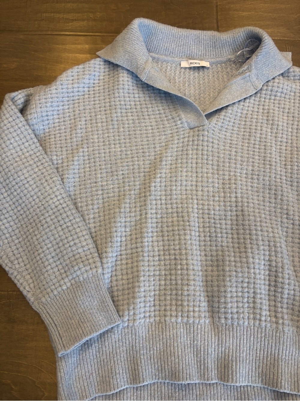 Ricki's Light Blue V-Neck Waffle Knit Collared Sweater - Picture 3 of 7